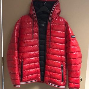 Red Calvin Klein hooded puffer jacket
